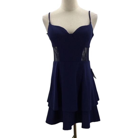 B DARLIN sz 11 12 L navy blue lace insert layered party mini dress NWT  B140 - Picture 1 of 7